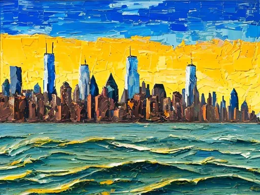 Prompt: Thick oil impasto York Skyline from 42nd Street Pier, thick oil impasto