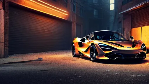 Prompt: McLaren 720s, in a dark forgotten trash filled alley way, no light coming in, with trash flying around, in the crack of dawn