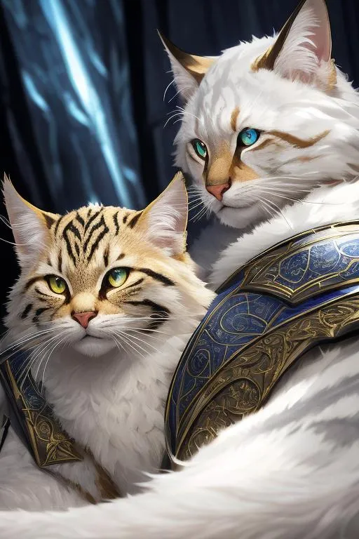 Prompt: elder, (masterpiece), (best quality:1.2), (intricate detail), dynamic angle, looking at viewer, (1male), ((solo)), (((full body))), (slender), (((tabaxi))), (((white fur))), ((blue pupils)), (((light armor))), black armor, ((cloak)), mysterious, ((ominous expression))