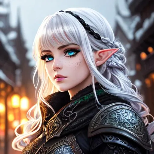 Prompt: half body portrait, female , elf, detailed face, detailed vibrant eyes, full eyelashes, ultra detailed accessories, tunic, dark empty city streets background, curly messy braided hair, bangs, dnd, artwork, fantasy,inspired by D&D, concept art, ((looking away from viewer)), dark fantasy, gloomy, freckles, short black hair, pale white skin, snow storm and heavily snowing background, green eyes, gray winter fur coat and hood , female elf, dark and cold background, UHD, 8K, high fantasy, (art inspired by Agnes Cecile), thin eyebrows, muted artwork, faded colors, winter season, night time, dark aesthetic, stars out at nighttime background
