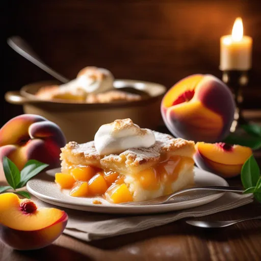 Prompt: a peach cobbler, photograph, extremely realistic, delicious looking, restaurant lighting, beautiful dish