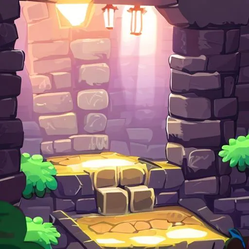 Prompt: Cobblestone wall, 2D, underground, game texture, dungeon, temple, platforms, cute, moss, light ray, indoors