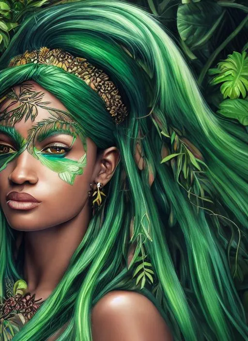 Prompt: Portrait of the goddess of nature with green hair and dark skin, in the jungle, perfect composition, hyperrealistic, super detailed, 8k, high quality, trending art, trending on artstation, sharp focus, studio photo, intricate details, highly detailed, anatomically correct