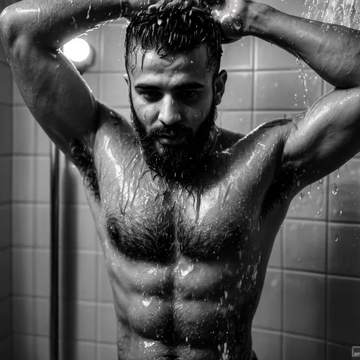 Prompt: Sensual, hairy chested, demonic tattoos, soaked, arab man, taking a shower, hyperrealistic, grayscale, highly detailed, ambient light, perfect composition, high contrast