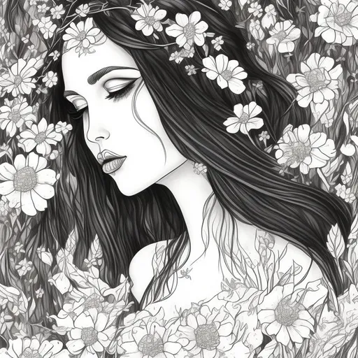 Prompt: beautiful female brunette sleeping among flowers, fairy wings, elf ears, art deco, coloring book style, black and white illustration, intricate lineart, sharp focus, high quality
