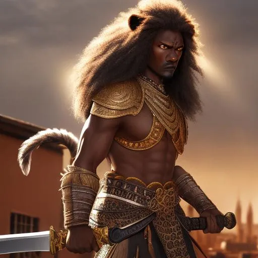 Prompt: A black toned African warrior standing in a photo from a city in the 1970s brown eyes angry face with a metallic sword 90 mm lens sun rays cinematic long short wearing a lions skin cosy vintage bookeh hyper realistic 4d model