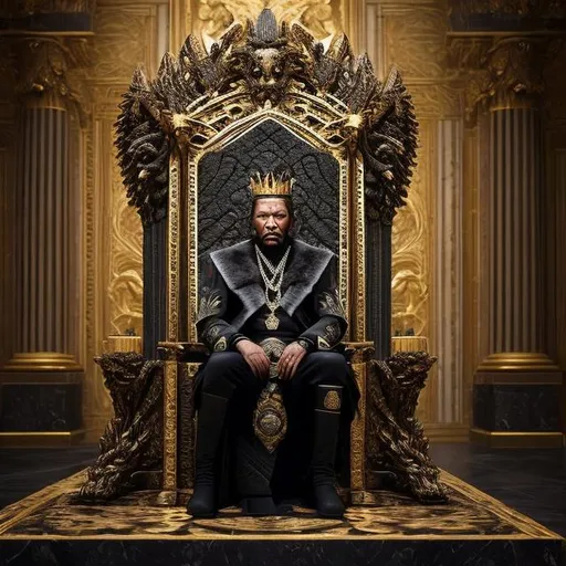 Prompt: 
This is a full body portrait of a king in his throne room. He should look imposing and the main focus should be on his face.
- **Setting**: The room should be opulent, with dark, polished stone walls and large, imposing black pillars. Decorate it with heavy, ornate furniture and a grand, intimidating throne at the center. Use dim lighting to create a sense of foreboding.

- **King's Appearance**: King Malachor should be depicted as a middle-aged man with a tall, imposing figure. His expression should exude arrogance, with a raised chin and a contemptuous gaze. He should have a strong, angular jawline and piercing eyes.

- **Attire**: He's wearing black plate armor, which should be intricately detailed and adorned with symbols of power. Make sure it looks heavy and imposing, adding to the sense of overbearing authority.

- **Pose**: He should be standing confidently, perhaps with one hand resting on the hilt of a sword at his side, emphasizing his control and readiness for power.

Use these details to create an image that captures the regal, masculine, overbearing, and arrogant essence of King Malachor in this grand, opulent room.