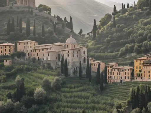 Prompt: Early morning, Italian monastery nestled on a hillside