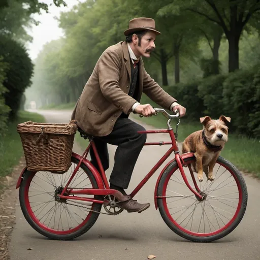 Prompt:   The conjure man rode a red, old-fashioned bicycle with fat tires and only one, fixed gear. A wicker basket in front contained a small mongrel dog that seemed mostly terrier. Behind the seat, tied to the carrier, was a battered brown satchel that hid from prying eyes the sum total of all his worldly possessions.

  