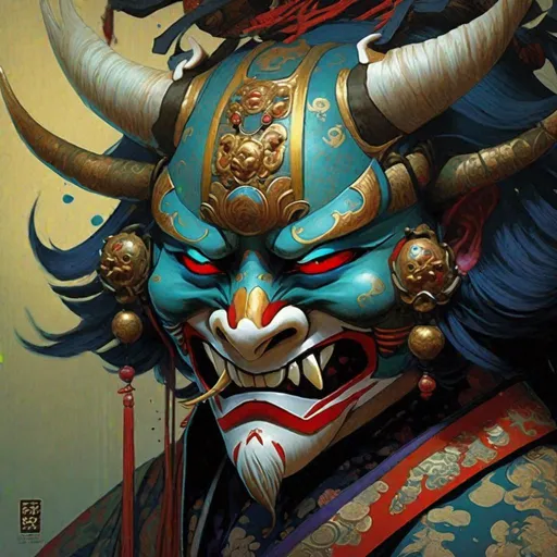 Prompt: ""Gorgeous Portrait of a Kabuki Oni Mask" : artwork By Joe Fenton, Alejandro Burdisio, Greg Tocchini, Jean Baptiste Monge : highly detailed : hyperrealistic : Splash art : volumetric lighting : Portrait in colors""""