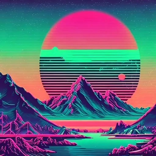 Prompt: Retrowave, synthwave sun with mountains on the bottom

