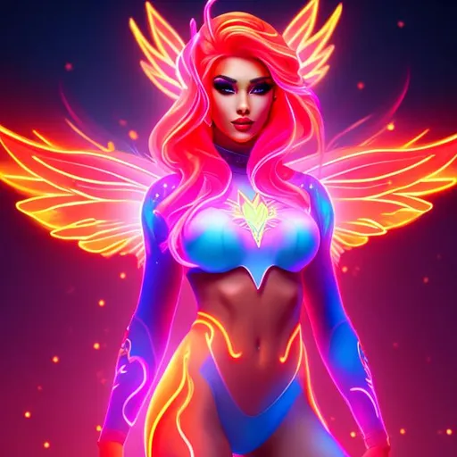 Prompt: flame goddess, full body, front,  glowing tattoos, plasma orange hair, female, illustration, portrait, (athletic body), (pink skin), (long legs), perfect body, perfect face, fairy, neon hair, muscle woman