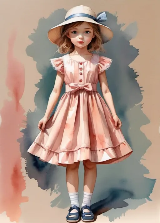 Prompt: young girl, elegant children's dress, summer sundress, a lot of details, high quality, standing straight, arms to the sides, paper doll, watercolor,
