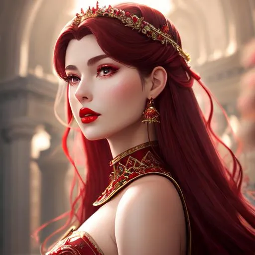 Prompt: A surreal portrait of a woman clad fully in rose petal armor, with very fair complexion, red gloss lips, rosy cheeks, red lips, voluminous brown hair, stylized CGI, fantasy genre.