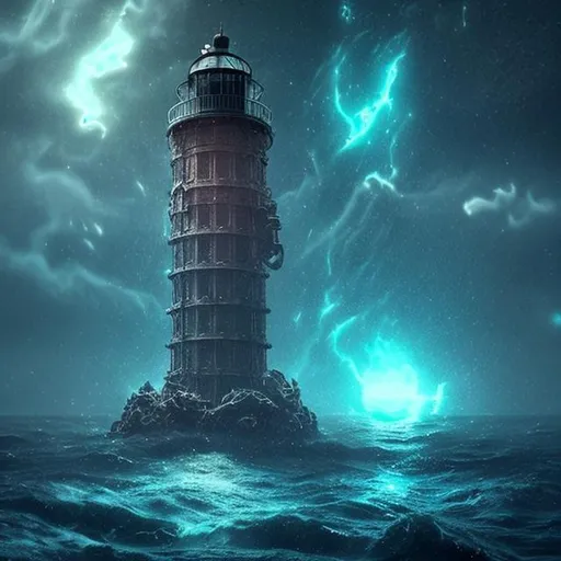 Prompt: Haunting lost space lighthouse in huge dangerous astral sea