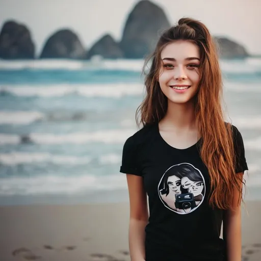 Prompt: a young woman, realistic, strong personality, cute face, full body, look on camera ,wearing black t-shirt, on summer vacation ,beach background 