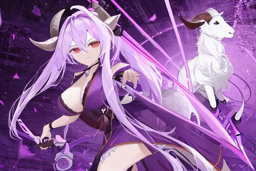 Prompt: goat with two handed sword purple background
