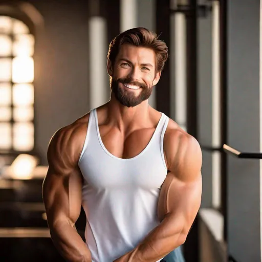 Prompt: professional photoshoot of A handsome, attractive, tan, and very muscular, Peter Parker with a beard, wearing a short-sleeved shirt, defined musculature. High quality, bright lighting, defined musculature, Smiling. 
