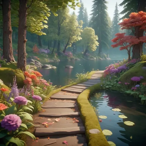 Prompt: Mysterious 3d animated forest next to a lake, unreal engine, beautiful flowers, walking path, huge beautiful home, high quality, unreal engine, beautiful flowers, forest path, stunning home, detailed foliage, magical lighting, enchanting atmosphere, unreal engine, highres, detailed environment, vibrant colors, professional, atmospheric lighting