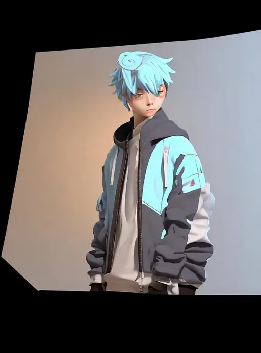 Prompt: 2d blender anime art style, light blue color scheme, character wearing hoodie, frost on jacket, modern style