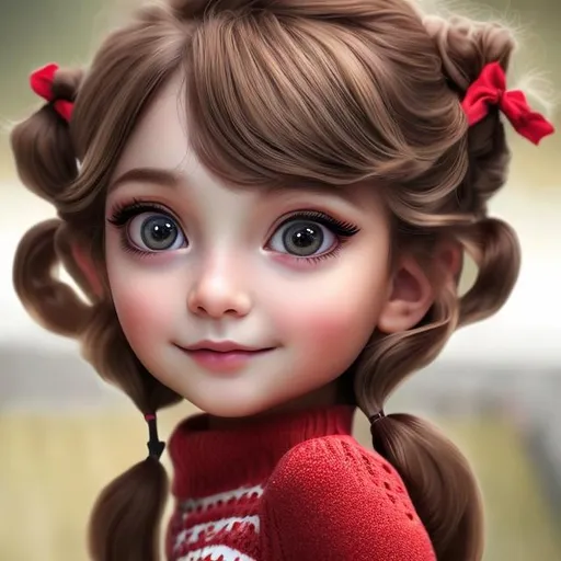 Prompt: an aldult with Pigtails soft brown wavy hair, soft brown eyes with red untertone, realistic, digital art, 64k