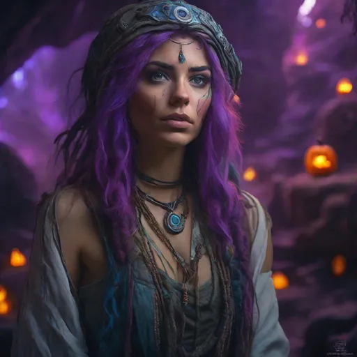 Prompt: Portrait of beautiful gypsy druid with cyberpunk style with purple hair and with cute face, big lips, blue eyes, in a magical Halloween cave , perfect composition, hyperrealistic, super detailed, 8k, high quality, trending art, trending on artstation, sharp focus, studio photo, intricate details, highly detailed, by greg rutkowski