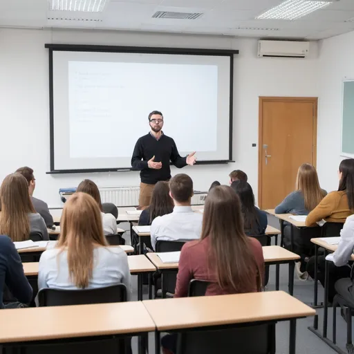 Prompt: lecture in an university class with the lecturer doing a presentation

