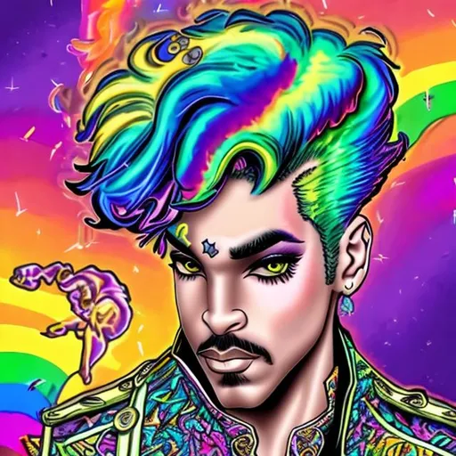 Prompt: Lisa frank style prince with rainbow hair and a handsome face