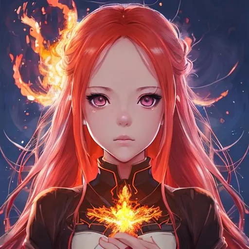 Prompt: anime portrait of a cute girl, anime eyes, beautiful intricate fire hair, shimmer in the air, symmetrical, in re:Zero style, concept art, digital painting, looking into camera, square image