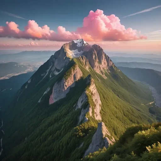 Prompt: (Mont Olympe), majestic mountain peak, stunning vistas, ethereal pink clouds enveloping the summit, vivid colors illuminating the landscape, pink and orange tones, serene and awe-inspiring atmosphere, breathtaking panoramic view from the heights, lush greenery at the base, soft sunlight casting gentle shadows, (beauty of nature), high-definition, ultra-detailed, (cinematic quality).