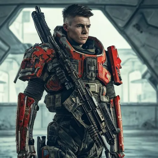 Prompt: Man with military haircut wearing damaged and weathered red futuristic armor and with futuristic rifle over his shoulder. 8k, hyperrealistic, sharp, futuristic, bright, space.