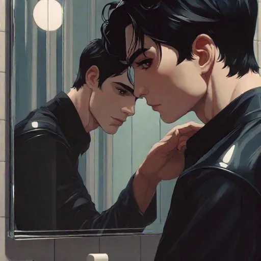Prompt: Damien (male, short black hair, red eyes) placing his hand on the mirror staring at his reflection 