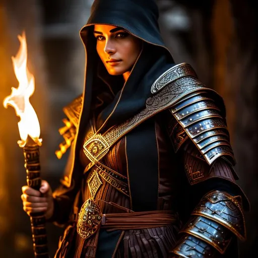 Prompt: Create a photograph of a Mage from the Pathfinder game, leather armor,  extremely detailed environment, detailed background, intricate, detailed skin, natural colors , professionally color graded, photo realism, 8k, moody lighting, david tenant