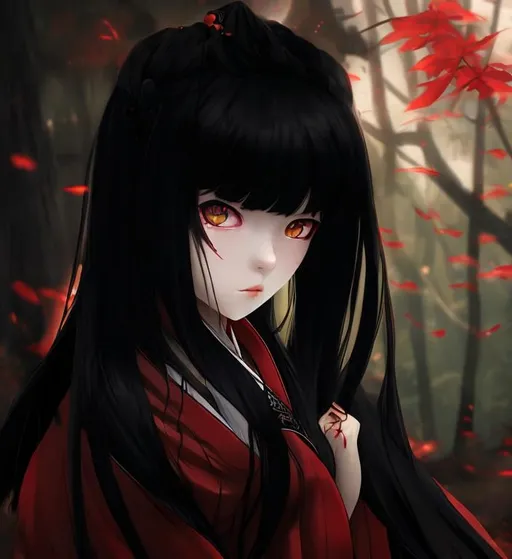 Prompt: fantasy. Female. long-black-hair. red-eyes. black-kimono. White-skin. Enma-Ai. Hell-girl.
Night. 
Forest-fire. 
Dark colours. 