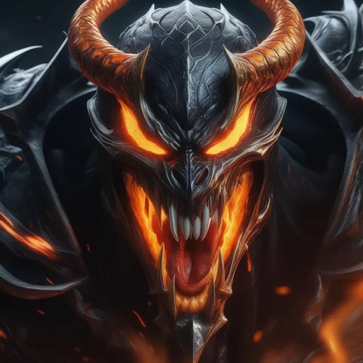 Prompt: a death knight with a Venom mouth (Venom movie), with horns forward on his forehead, orange fire eyes, fighting against demons, Hyperrealistic, sharp focus, Professional, UHD, HDR, 8K, Render, electronic, dramatic, vivid, pressure, stress, nervous vibe, loud, tension, traumatic, dark, cataclysmic, violent, fighting, Epic