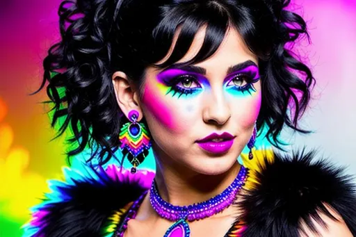 Prompt: {{{Beautiful demon girl}}}, demon, hyper detailed, hyper realistic, short fluffy black hair, bright rainbow eyes, pretty clothing, pretty earings,     {{{beautiful woman}}}, woman, girl, lady, female