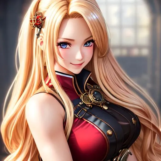 Prompt: extremely realistic, hyperdetailed, extremely long blonde wavy hair anime girl, deep red blush, smiling happily, wears steampunk clothing, toned body, showing abs midriff, highly detailed face, highly detailed eyes, full body, whole body visible, full character visible, soft lighting, high definition, ultra realistic, 2D drawing, 8K, digital art