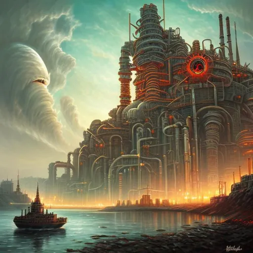 Prompt:  fantasy art style, painting, pipes, tubes, nuclear reactor, power plants, nuclear fusion, nuclear power, nuclear weapons, nuclear bombs, bombs, torpedoes, misiles, concrete, green neon lights, pollution, smog, fog, evil, misiles launching, warship, naval ship, boat