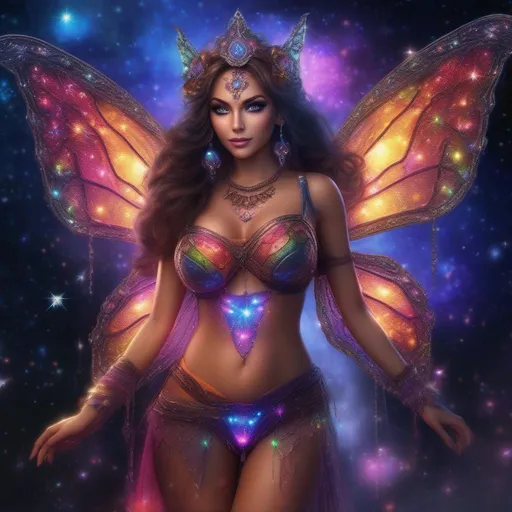 Prompt: A complete body form of a stunningly beautiful, hyper realistic, buxom woman with incredible bright eyes wearing a colorful, sparkling, dangling, glowing, skimpy, natural, flowing, sheer, fairy, witches outfit on a breathtaking night with stars and colors with glowing, detailed sprites flying about