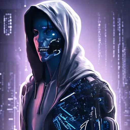 Prompt: A synthetic male human, a cyberpunk setting, skin is covering their body, looks like a human, wearing clothes, wearing a hoodie that covers his head, pants,  wearing a shirt

