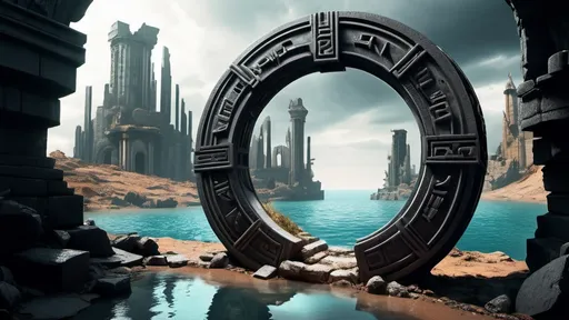 Prompt: magical portal between cities realms worlds kingdoms, circular portal, ring standing on edge, upright ring, freestanding ring, hieroglyphs on ring, broken ring, ruins, crumbling pillars, broken archways, ancient roman architecture, underwater environment, panoramic view, futuristic cyberpunk tech-noir setting