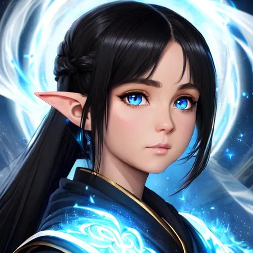 Prompt: "Full body, oil painting, fantasy, anime portrait of a young hobbit woman with short elf ears with short flowing ash black hair in a ponytail and dark blue eyes | Elemental holy cleric wearing intricate glowing blue and white holy robes casting a healing spell, #3238, UHD, hd , 8k eyes, detailed face, big anime dreamy eyes, 8k eyes, intricate details, insanely detailed, masterpiece, cinematic lighting, 8k, complementary colors, golden ratio, octane render, volumetric lighting, unreal 5, artwork, concept art, cover, top model, light on hair colorful glamourous hyperdetailed medieval city background, intricate hyperdetailed breathtaking colorful glamorous scenic view landscape, ultra-fine details, hyper-focused, deep colors, dramatic lighting, ambient lighting god rays, flowers, garden | by sakimi chan, artgerm, wlop, pixiv, tumblr, instagram, deviantart