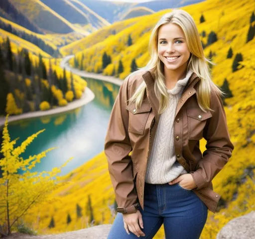 Prompt: 2000s tv show, pretty blonde woman, wearing thick brown hiking boots, jeans, outdoor jacket, smiling, posing for photo, alone
