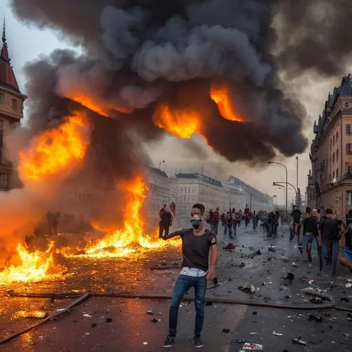 Prompt: budapest if the migrants had been allowed into the contry, cars on fire,riots, murder, chaos houses on fire