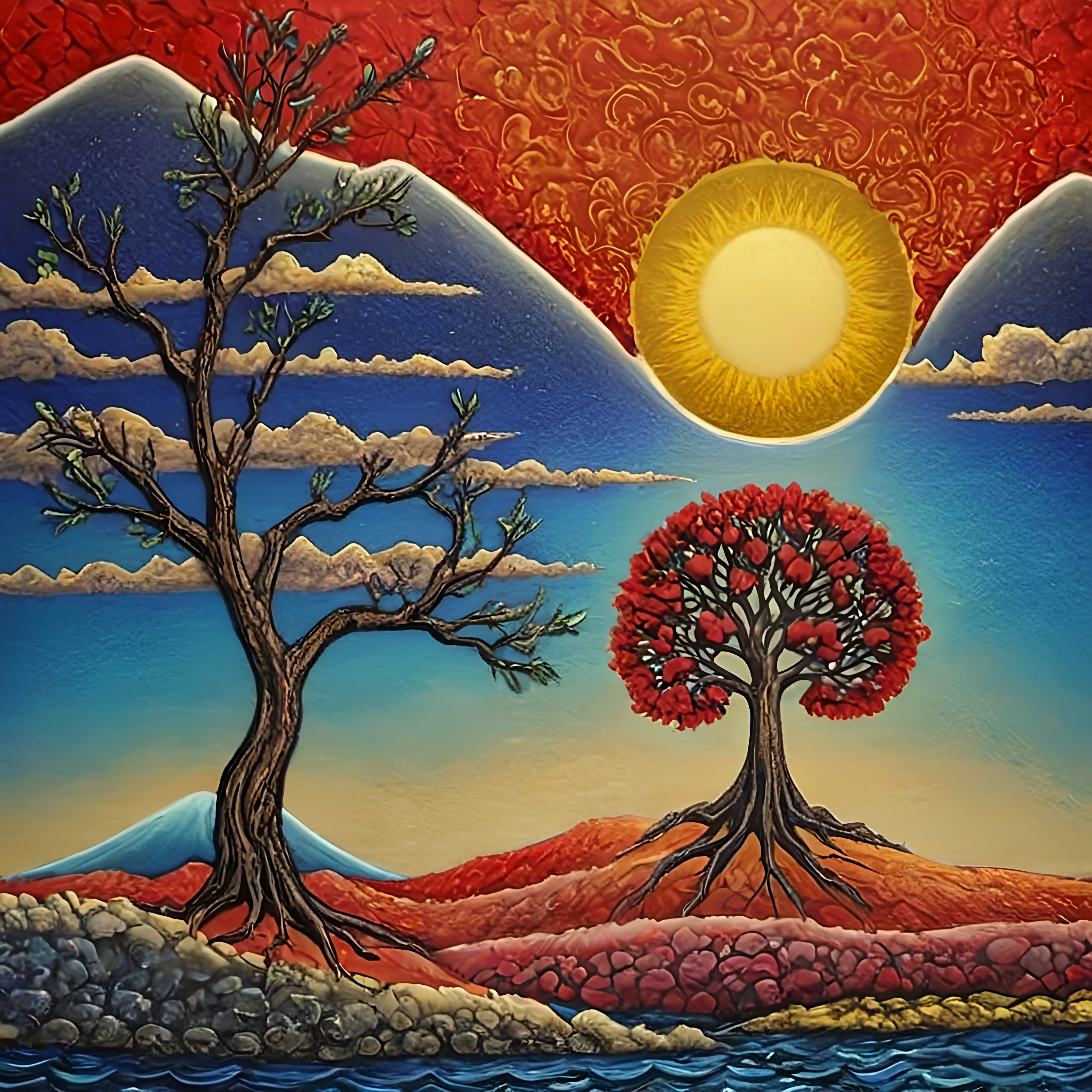 Prompt: a painting of two trees with a sun in the background and a red sky with clouds and water below, metaphysical painting, intricate oil painting, an ultrafine detailed painting