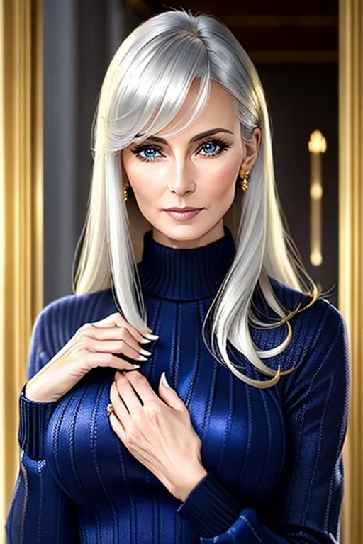 Prompt: perfect composition, hyperrealistic, super detailed, 8k, high quality, sharp focus, big breasted, {60 years old}, {hands clasped in front of abdomen}, pale skinned, {floor length mixed gold and silver hair}, Polish woman, {wearing form fitting dark blue woolen sweater}, symmetrical face, symmetrical {matching highly detailed big fire red eyes}, smiling, {wide thick feminine lips}, straight nose, very wide hips, thick thighs, defined abs, broad shoulders, high cheekbones, 2k, muted lighting, studio photo, intricate details, highly detailed,  highly detailed, vibrant, production cinematic character render, ultra high quality model, stanley artgerm lau, artstation, hd, octane render