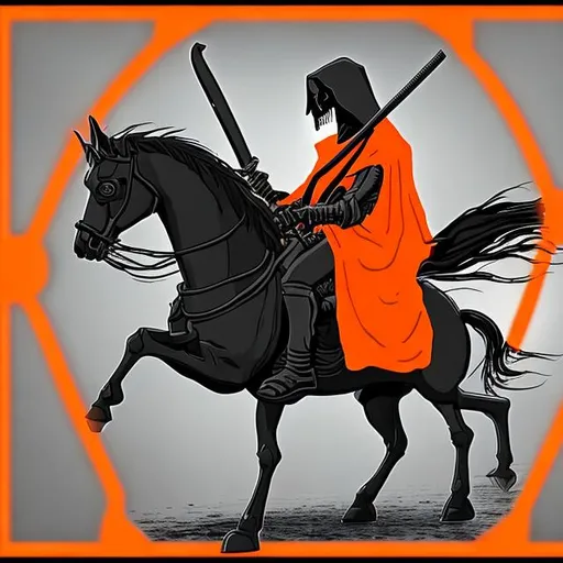 Prompt: The Grim Reaper as Death from the four horsemen of the apocalypse wearing an orange safety jacket with a safety light on the scythe with horse and rider facing forward with a transparent background. The horse should be lime green.