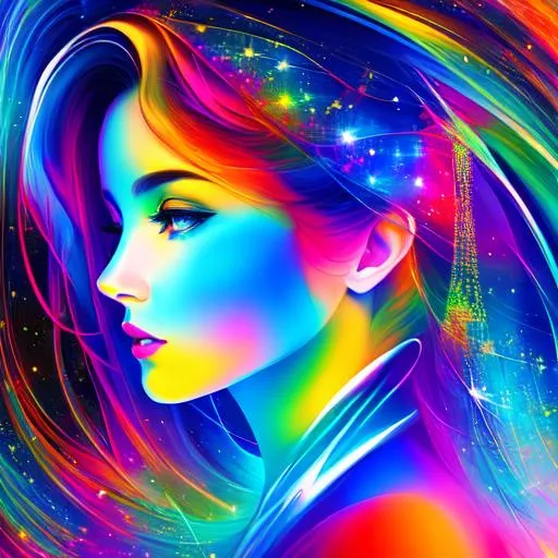 Prompt: Abstract portrait of beautiful female, cosmic landscape background, in style of post modernism 