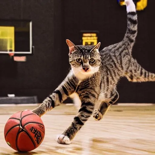 Prompt: photo of a cat playing basket ball
