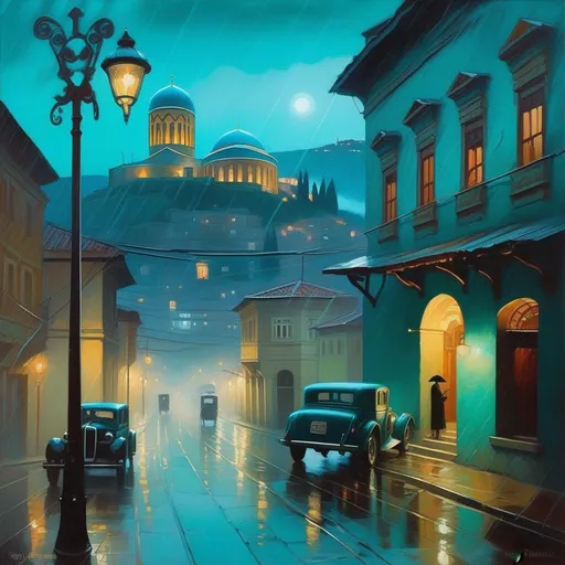 Prompt: Tbilisi at night, creepy, rain, fog, cold teal atmosphere, cartoony style, extremely detailed painting by Greg Rutkowski and by Henry Justice Ford and by Steve Henderson 

